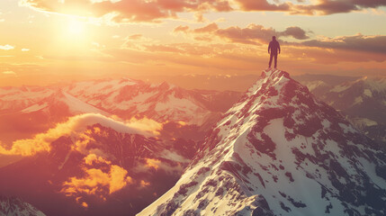 An image of a person overcoming obstacles and reaching the mountaintop, symbolizing achievement and...