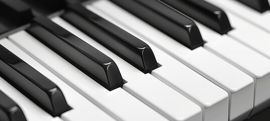 Monochrome close up of black and white piano keyboard, musical instrument keys in grayscale tones