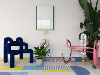 interior frame mockup on white wall in Memphis design living room. empty poster with colorful furnitures, retro design. 3D illustration 