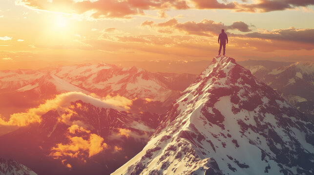 An image of a person overcoming obstacles and reaching the mountaintop, symbolizing achievement and success