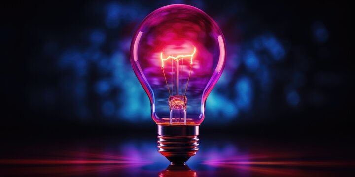 Glowing neon light bulb. Conceptual design. Pink, purple and blue color scheme. Generative AI