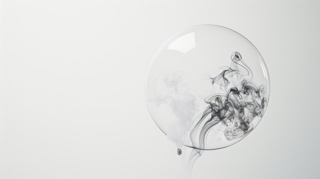 High-key photo of a glass bubble with swirling smoke patterns, floating against a pristine white background