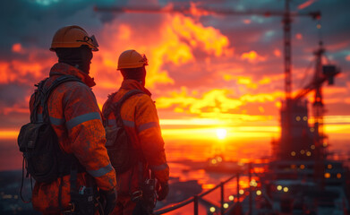 Naklejka premium Two workers watching the sunset over construction site