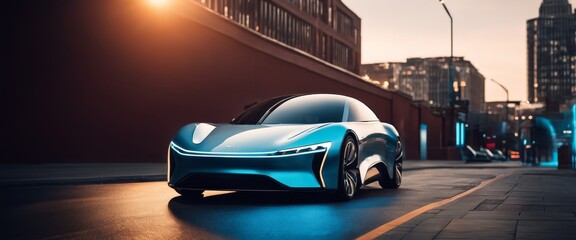 A futuristic concept car cruises down an empty city street, its silver form gleaming under the warm hues of sunset, embodying innovation - obrazy, fototapety, plakaty