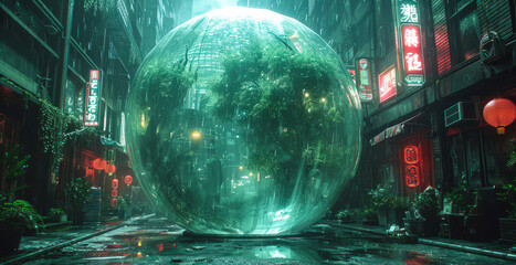 Giant glass sphere sits in the middle of city street surrounded by tall buildings and people. - obrazy, fototapety, plakaty