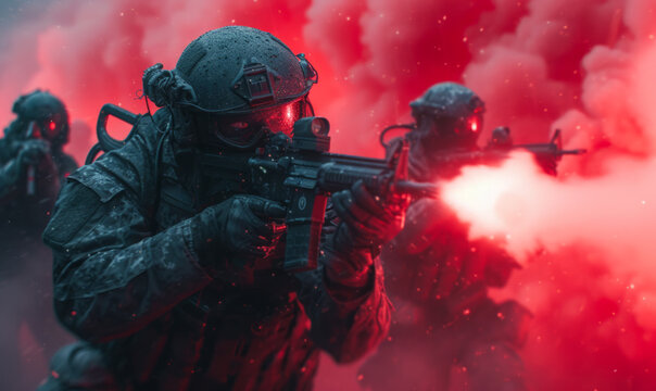 Spec ops police officers SWAT in black uniforms holding machine guns and flashlights in their hands and standing in the smoke. Red fog and laser sights.
