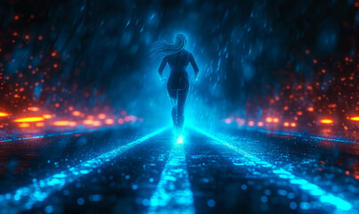 Woman runs down neon lit street at night. - obrazy, fototapety, plakaty