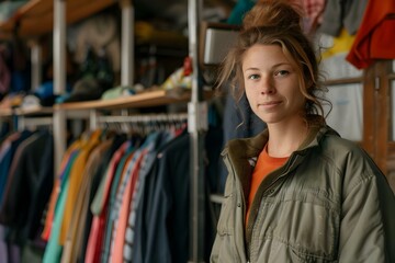 Woman volunteer promoting eco-friendly fashion in thrift store. Concept Sustainable Fashion, Thrift Shopping, Eco-Friendly Clothing, Female Empowerment, Volunteer Work