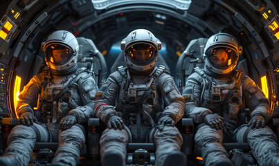 Astronauts in futuristic spaceship ready to explore unknown galaxy