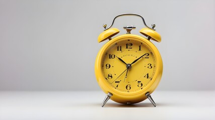 Isolated on a white background, a yellow antique alarm clock with a unique minimal time concept