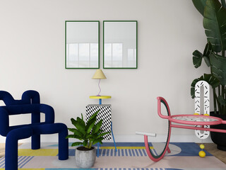 2 frames mockup on white wall in colorful and Memphis design scene, retro interior. two empty posters, gallery wall art set. 3d illustration