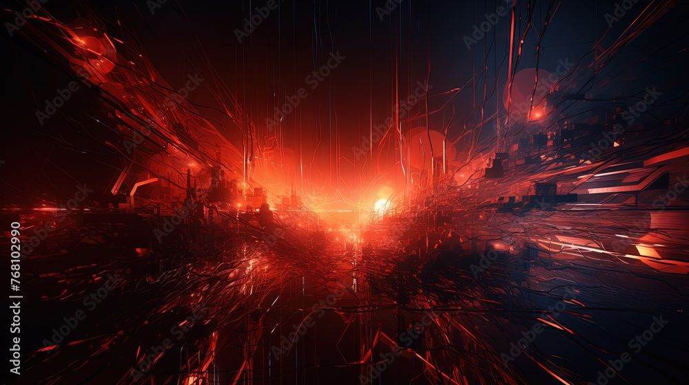 Poster Abstract technology burst with glowing wires and particles in motion. Technology and science dynamic background.