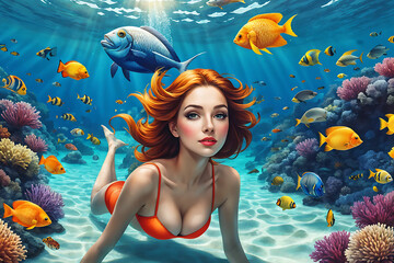 Draw a pretty woman swimming with a tropical fish in the sea. Generative AI