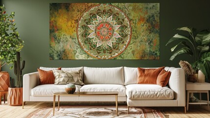 a radiant flowering mandala on a muted olive green wall, inviting relaxation on a luxurious sofa.