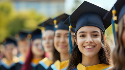 Cheerful graduate girl wearing cap and gown