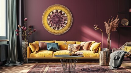 a radiant flowering mandala on a rich plum wall, inviting relaxation on a luxurious sofa.