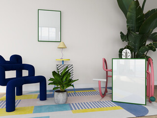2 interior frames mockup on white wall in colorful and Memphis design living room. empty posters with light reflection, retro design. 3D illustration