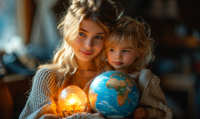 Fototapeta na wymiar Mother and daughter with globe and light in the dark