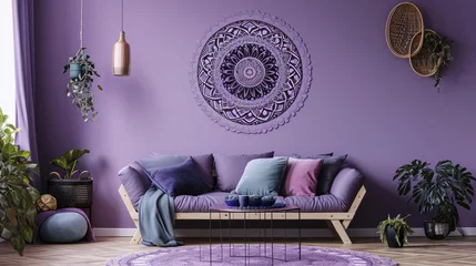 Foto op Canvas a radiant flowering mandala on a soft lilac wall, paired harmoniously with a comfortable sofa. © Lal