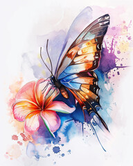 Watercolor colorful butterfly on a flower painting decoration wallpaper white background