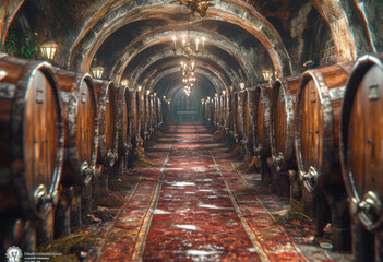 Wine barrels and red carpet in wine cellar - obrazy, fototapety, plakaty