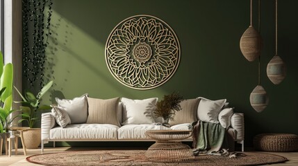 a radiant flowering mandala on a muted olive green wall, inviting relaxation on a luxurious sofa.