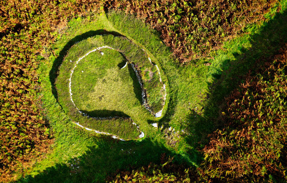Holyhead Mountain Ty Mawr Hut Circles. Prehistoric stone house foundation in settlement dating Neolithic to Iron Age. Anglesey, Wales. Birds eye view