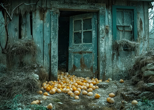 Rotten oranges lie on the ground in front of the old house