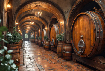 Old wooden barrels in wine vault with brick arches and plants