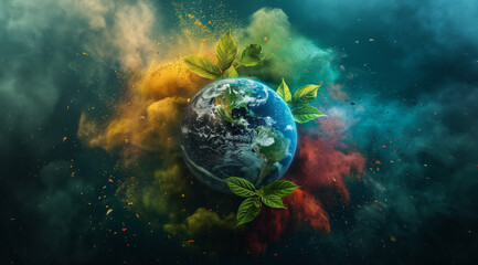 Obraz na płótnie Canvas Planet Earth with Colorful Atmospheric Effects and Green Leaves - Eco Future Concept 