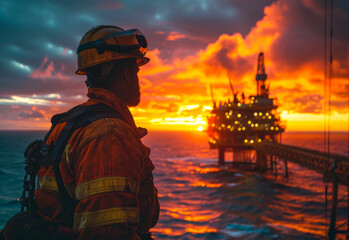Silhouette of oilfield worker at sunset on the offshore oil rig.
