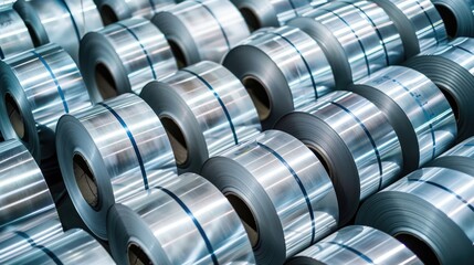 Cold rolled steel coil or stainless steel sheets at storage area in steel industry plant. in a warehouse.