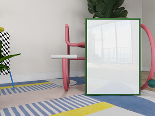 frame mockup close up standing on floor in colorful and Memphis design interior. empty poster with window reflection, retro design. 3D illustration