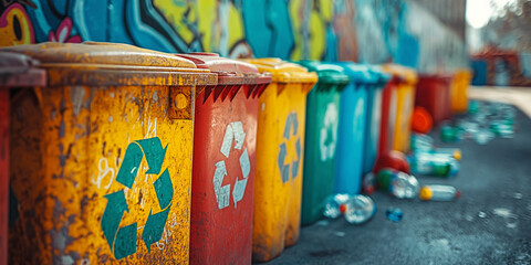 Colorful Recycling Bins Against Graffiti Wall for Waste Sorting
