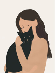 Ai Generated Art Ai Generated Art A Closseup Portrait of A Young Woman With Long Hair  In Beige Sweater Holding a Black Cat In her Arms, Minimalistic Flat Simple Art