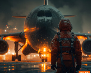 Fototapeta premium Traveler in winter clothes is looking at the airplane