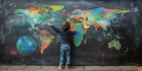Child Pointing at World Map on Blackboard - Education and Geography
