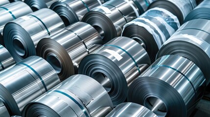 Cold rolled steel coil or stainless steel sheets at storage area in steel industry plant. in a warehouse.