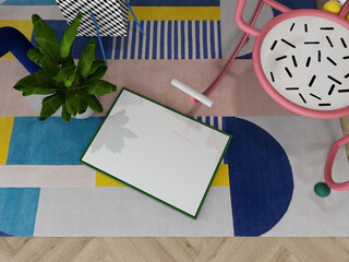 frame on floor mockup in Memphis design living room. empty poster up view, retro design mock up. 3D illustration