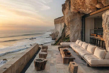 A terrace built into the cliffs overlooking the beach, offering breathtaking panoramic views and a...