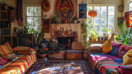 Bohemian living room, eclectic fireplace, colorful textiles, afternoon sun, candid angle, vibrant midday flair - obrazy, fototapety, plakaty