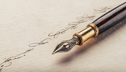 Fototapeta premium Fountain pen resting on handwritten document. Vintage style handwriting backgrounds with copy space