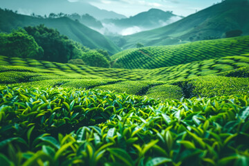 Fototapeta na wymiar tea plantations. landscape with green tea valley and mountains.