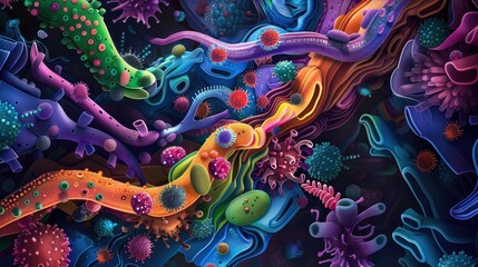 Vibrant digital representation of a diverse microbial ecosystem in vivid colors - obrazy, fototapety, plakaty