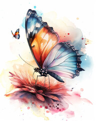 Watercolor colorful butterfly on a flower painting decoration wallpaper white background