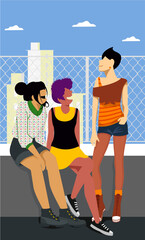 Love's Canvas: Queer Life in Everyday Moments - Transgender Friends Chatting with City Skyline in Background