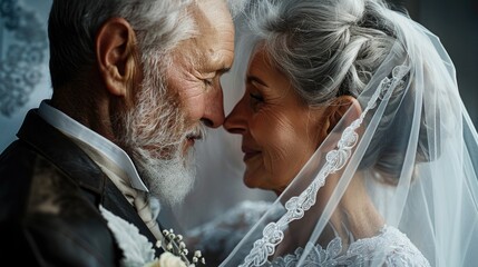 Elderly couple in wedding attire share a tender moment, their faces close, showcasing a lifetime of love and companionship. 50th wedding anniversary