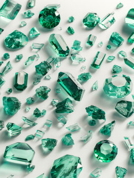 Ai Generated Art Different Shape And Form Emeralds Saphire Stones Thrown on A White BAckground Flatlay View