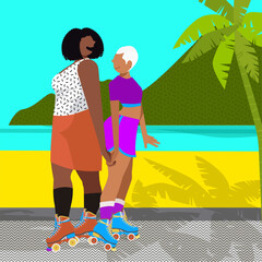 Love's Canvas: Queer Life in Everyday Moments - Girlfriends Enjoying Roller Skating by the Beach