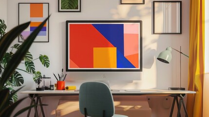A modern workspace with a silver frame mockup featuring abstract geometric art in bold colors.